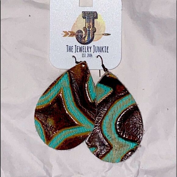 Leather Teardrop Earrings-Brown and Turquoise Laredo-LG - Picture 1 of 2